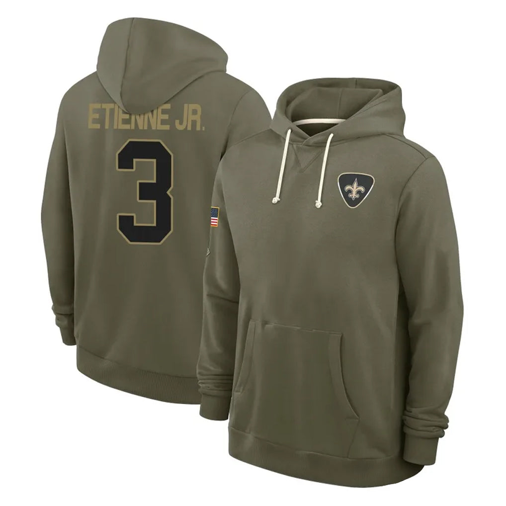 Cooneas NO.Saints #3 Travis Etienne Jr. Player Olive Salute to Service Pullover Hoodies Limited Stitched Jerseys