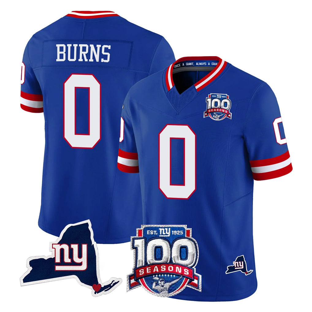 Cooneas NY.Giants #0 Brian Burns Player Royal 100th Season & State Patch Vapor Limited Home Game Stitched Jerseys