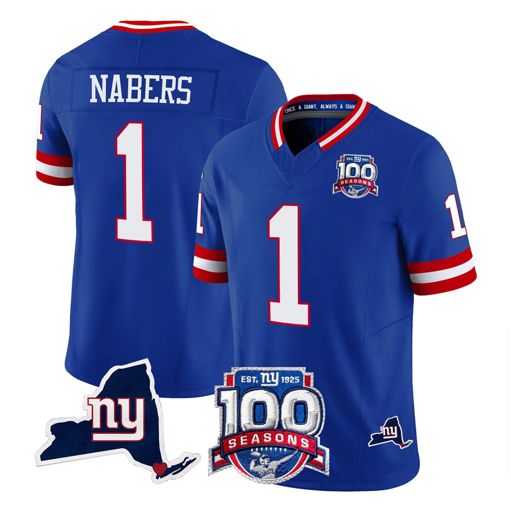 Cooneas NY.Giants #1 Malik Nabers Player Royal 100th Season & State Patch Vapor Limited Home Game Stitched Jerseys