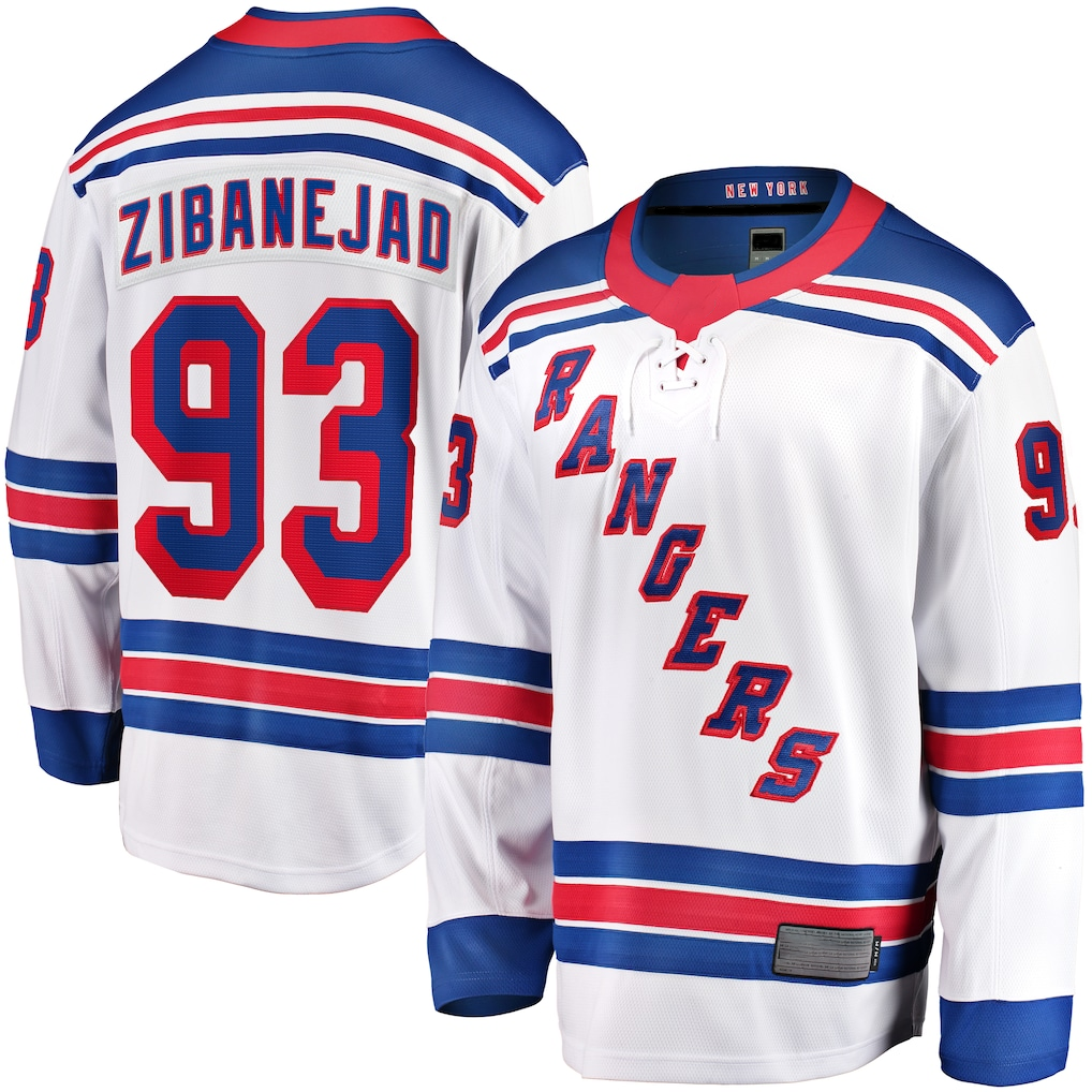 Cooneas NY.Rangers #93 Mika Zibanejad White Away Premier Breakaway Player Jerseys