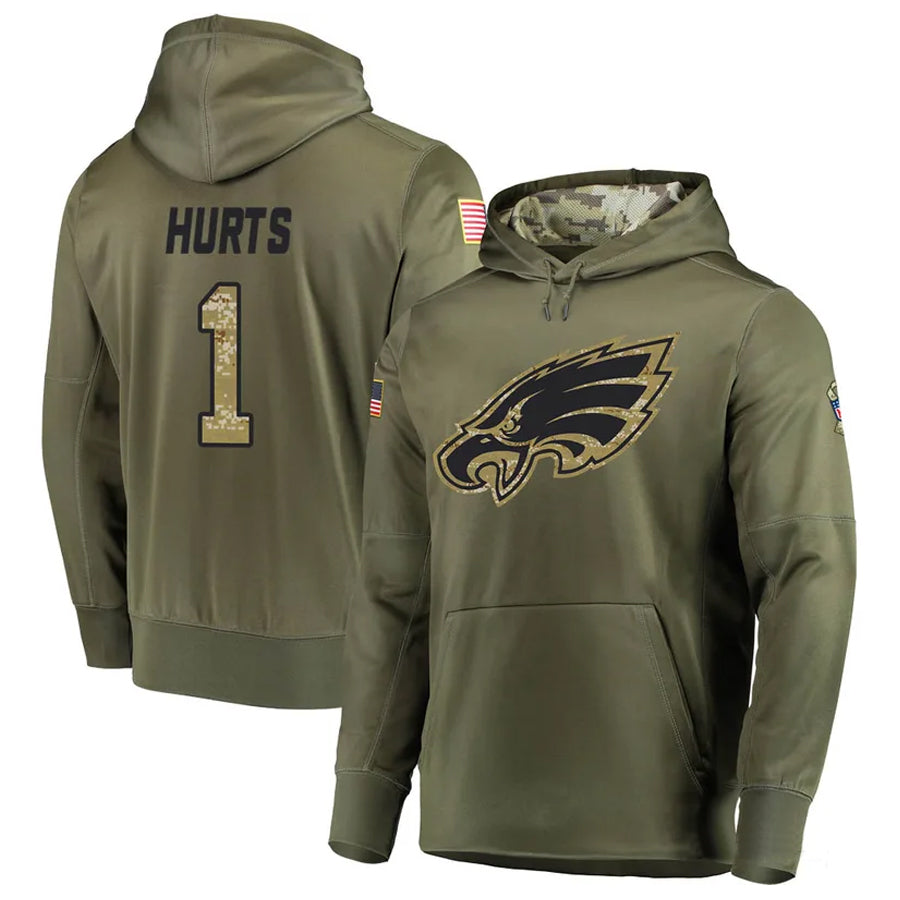 Cooneas P.Eagles #1 Jalen Hurts Player Military Hoodie Salute To Service Olive Stitched Jerseys