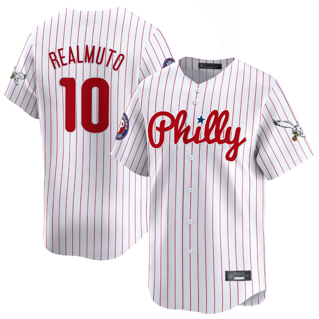 Cooneas P.Phillies #10 J.T. Realmuto Player White Pinstripe Phillies & Eagles Vapor Premier Limited Stitched Jerseys