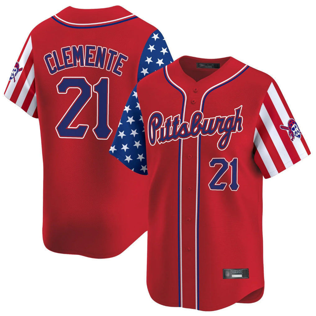 Cooneas P.Pirates #21 Roberto Clemente Player Red 2025 Independence Day Vapor Premier Limited Stitched Jerseys