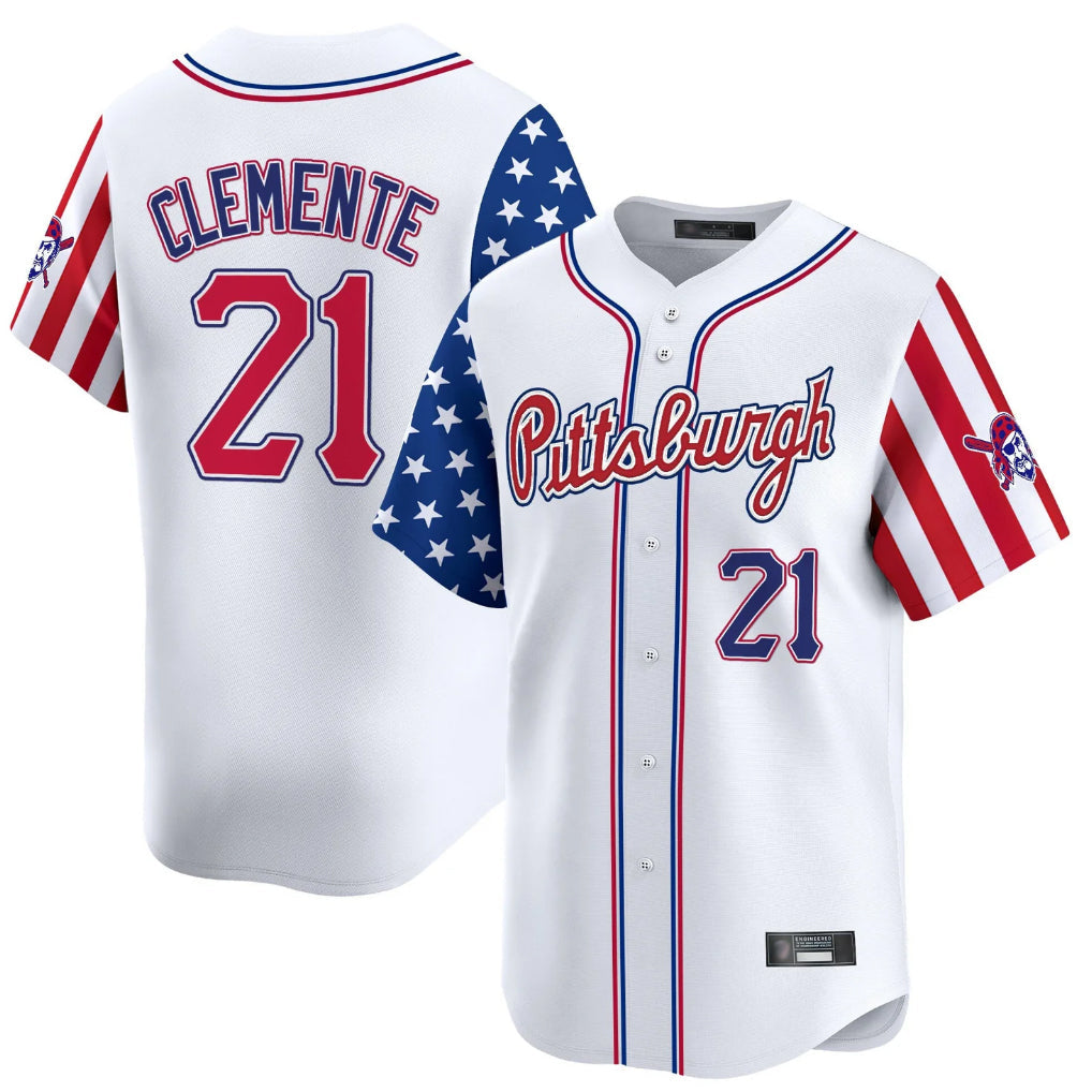 Cooneas P.Pirates #21 Roberto Clemente Player White 2025 Independence Day Vapor Premier Limited Stitched Jerseys