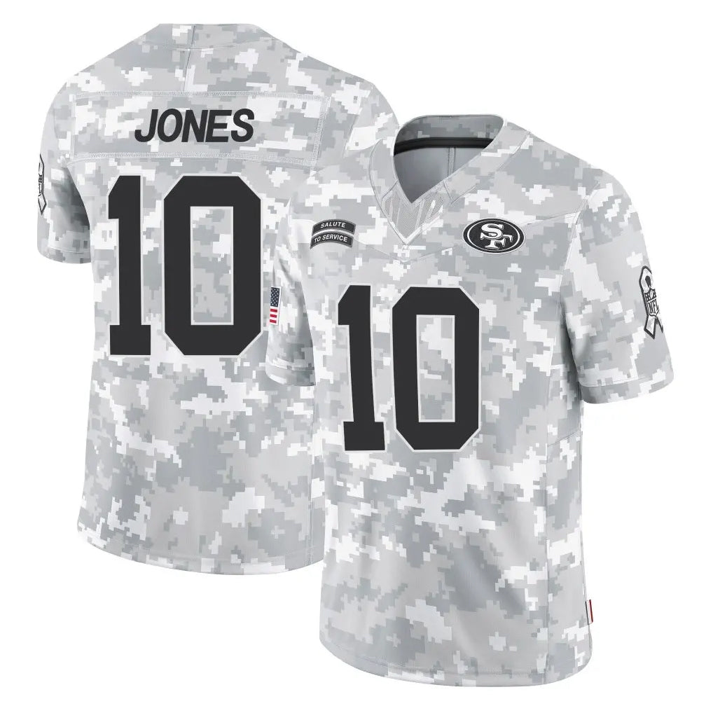 Cooneas SF.49ers #10 Mac Jones Player Arctic Camo Limited Salute To Service Home Game Stitched Jerseys