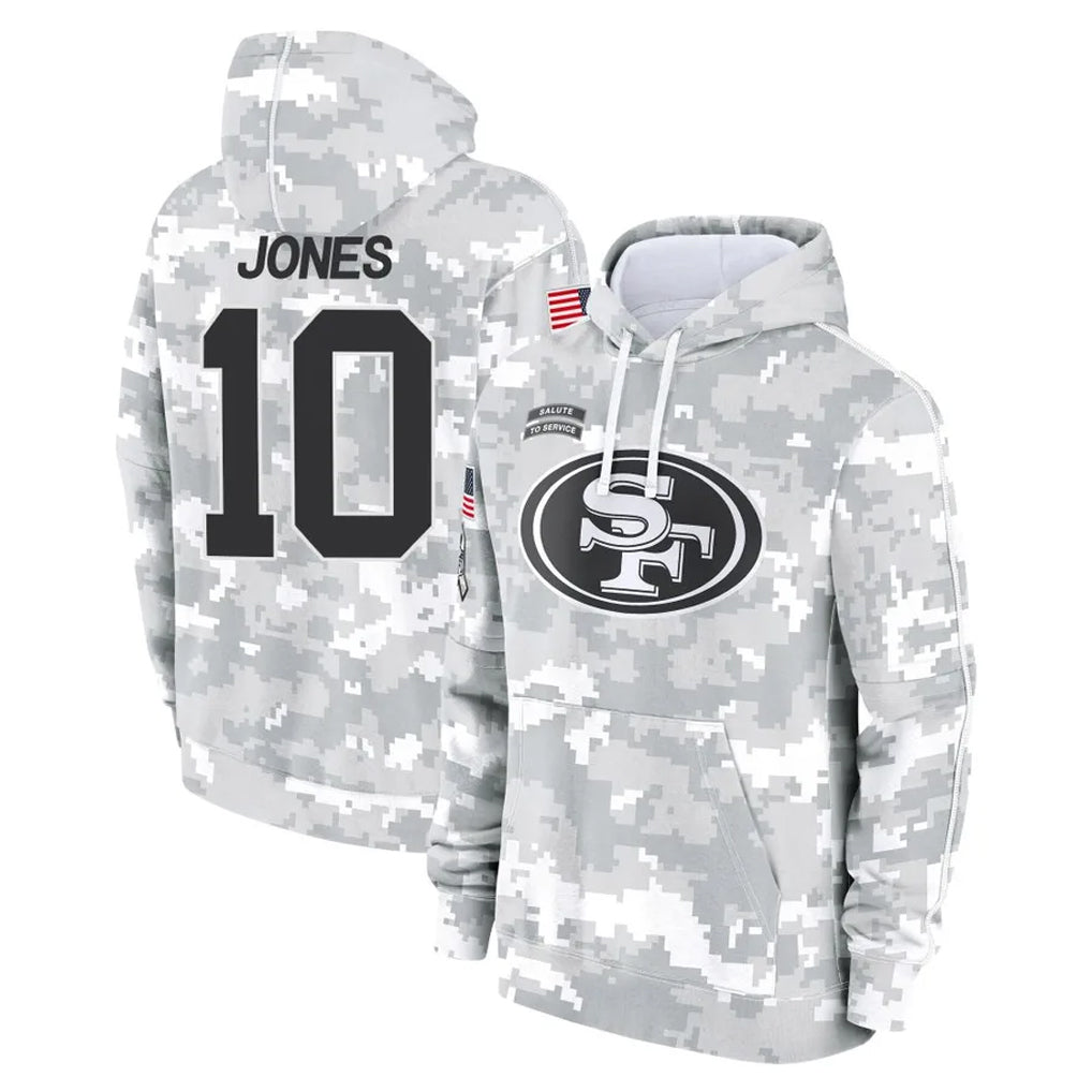 Cooneas SF.49ers #10 Mac Jones Player Arctic Camo Limited Salute to Service Pullover Hoodies Game Stitched Jerseys