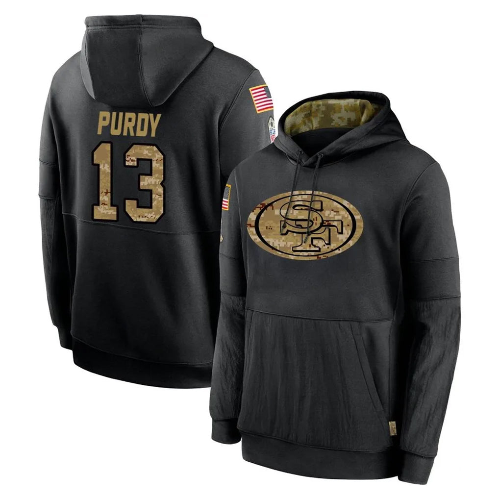 Cooneas SF.49ers #13 Brock Purdy Player Black Salute to Service Sideline Performance Pullover Hoodies Home Game Stitched Jerseys