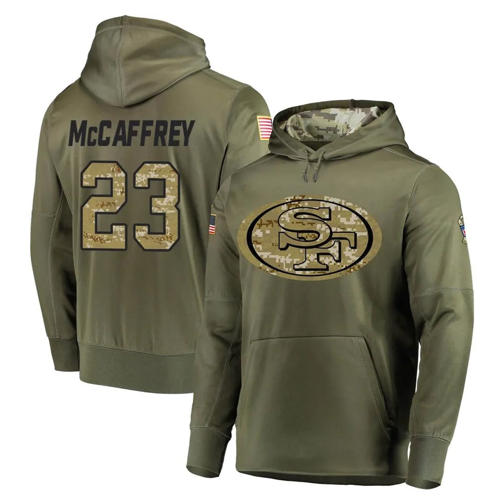 Cooneas SF.49ers #23 Christian McCaffrey Player Olive Salute to Service Pullover Hoodie Home Game Stitched Jerseys
