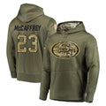 Cooneas SF.49ers #23 Christian McCaffrey Player Olive Salute to Service Pullover Hoodie Home Game Stitched Jerseys