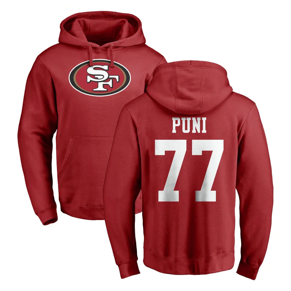 Cooneas SF.49ers #77 Dominick Puni Player Red LOGO Pullover Hoodies Home Game Stitched Jerseys