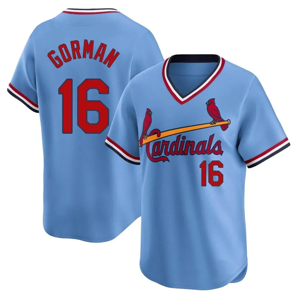 Cooneas St. Louis Cardinals #16 Nolan Gorman Player Light Blue City Connect Home T-shirt Stitched Jerseys