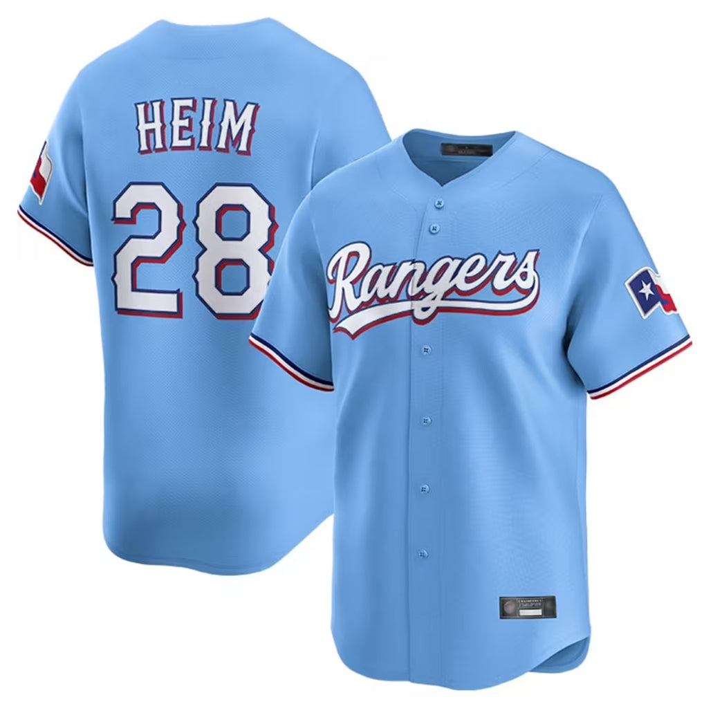 Cooneas T.Rangers #28 Jonah Heim Player Light Blue Home Limited Stitched Jerseys