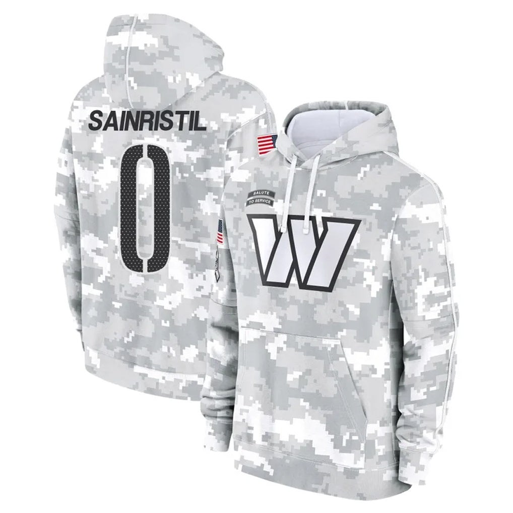 Cooneas W.Commanders #0 Mike Sainristil Player Arctic Camo Salute to Service Hoodies Stitched Jerseys
