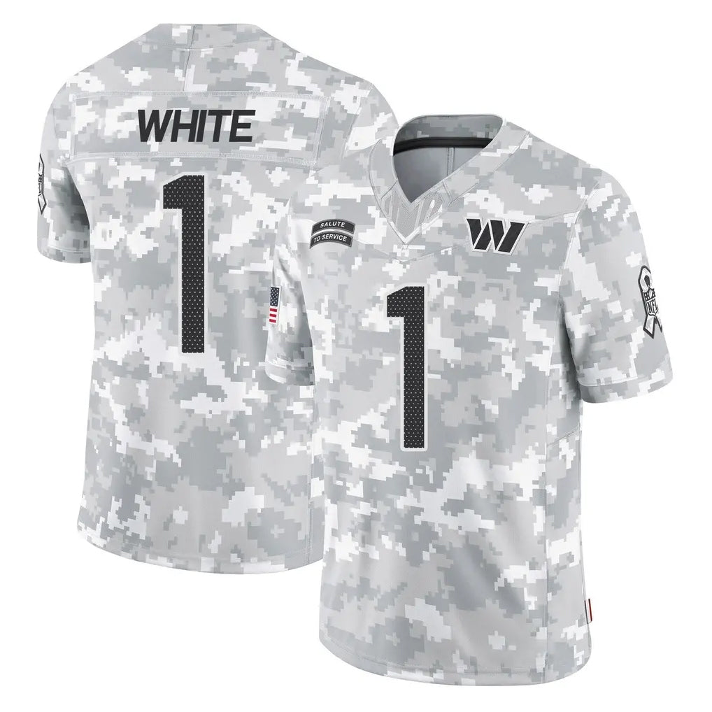Cooneas W.Commanders #1 Rachaad White Player Arctic Camo Limited Salute To Service Home Game Stitched Jerseys