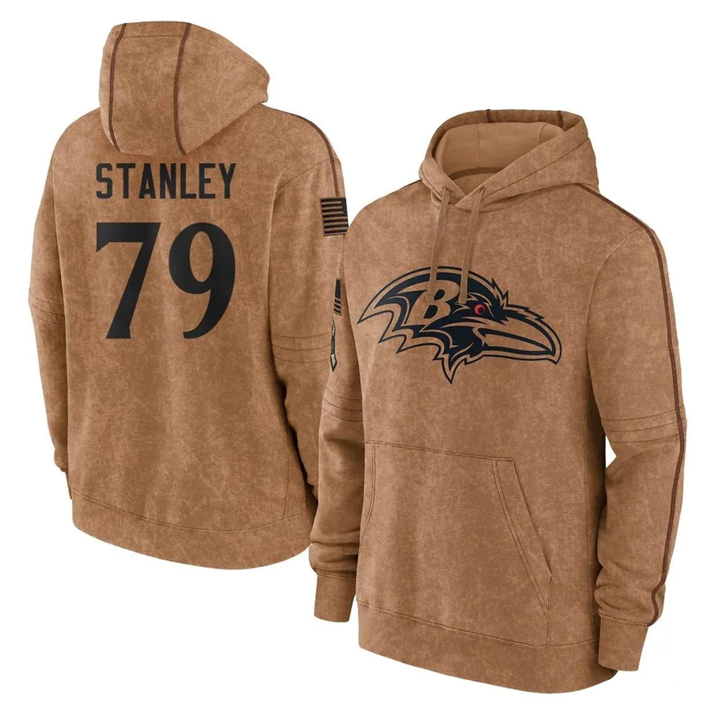 B.Ravens #79 Ronnie Stanley Player Brown Salute to Service Pullover Hoodie Cooneas Stitched Jerseys