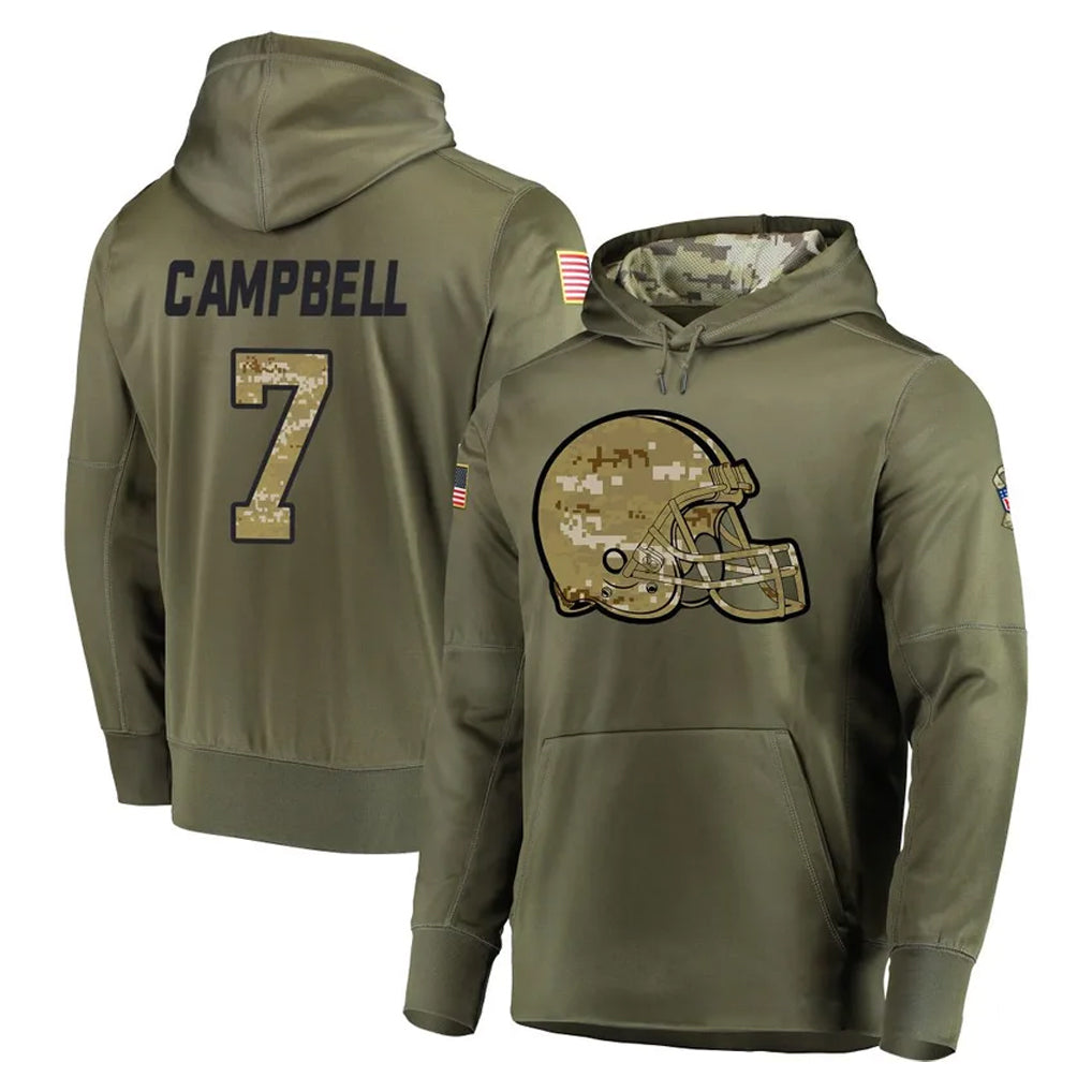 C.Browns #7 Tyson Campbell Player Olive Salute to Service Pullover Hoodies Home Game Cooneas Stitched Jerseys