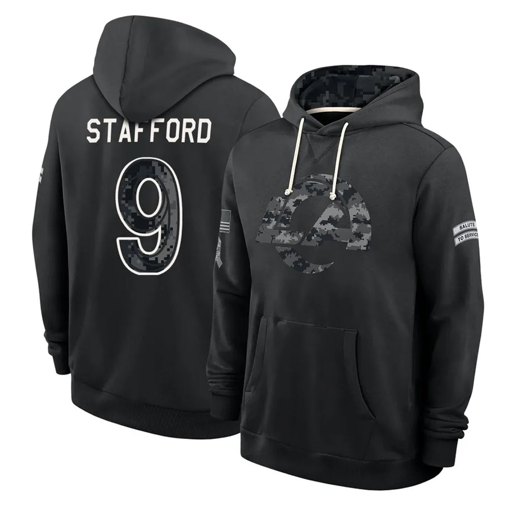 LA.Rams #9 Matthew Stafford Player 2026 Black Logo Pullover Hoodies Limited Game Cooneas Stitched Jerseys