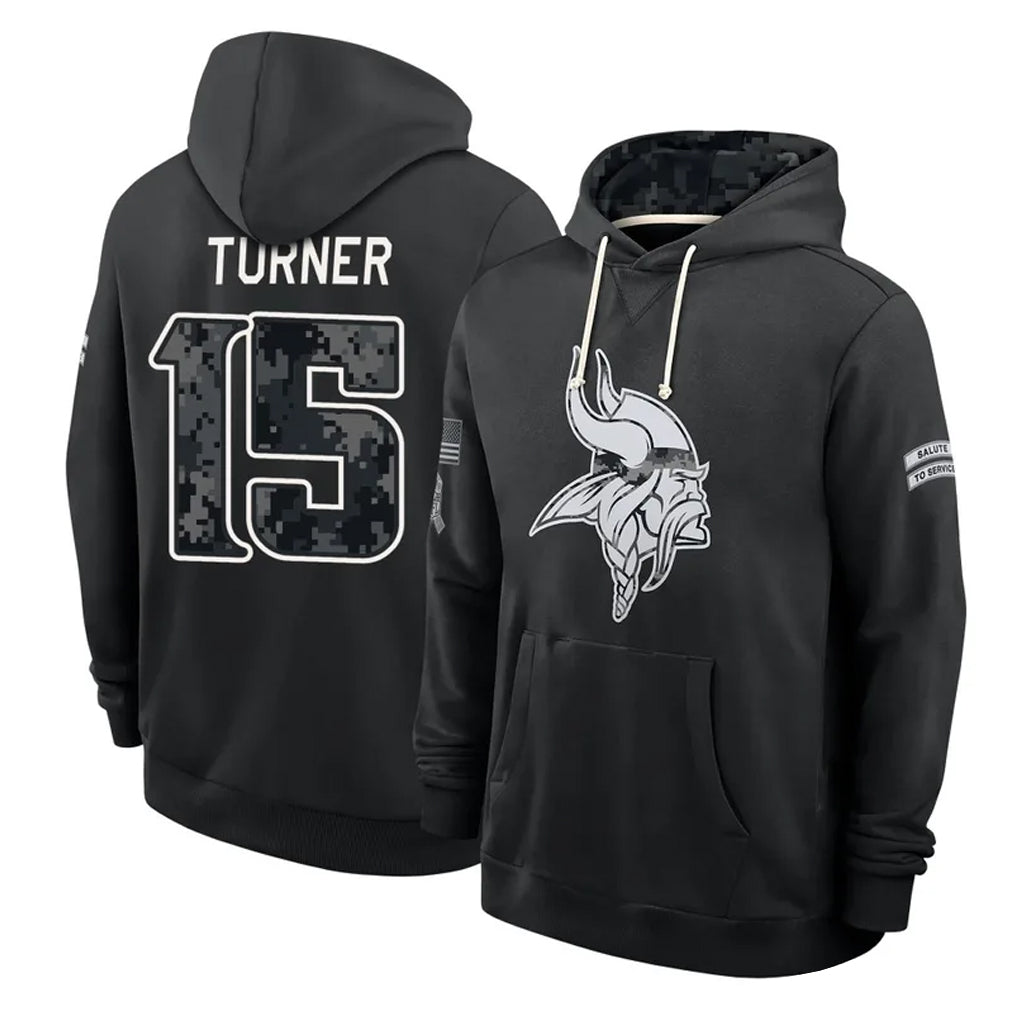 MN.Vikings #15 Dallas Turner Player 2026 Black Logo Pullover Hoodies Limited Game Cooneas Stitched Jerseys