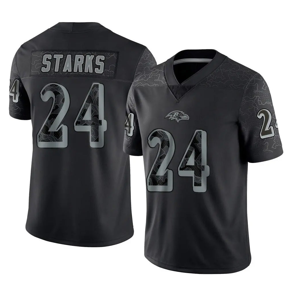 B.Ravens #24 Malaki Starks Player Black REFLECTIVE Limited Cooneas Stitched Jerseys