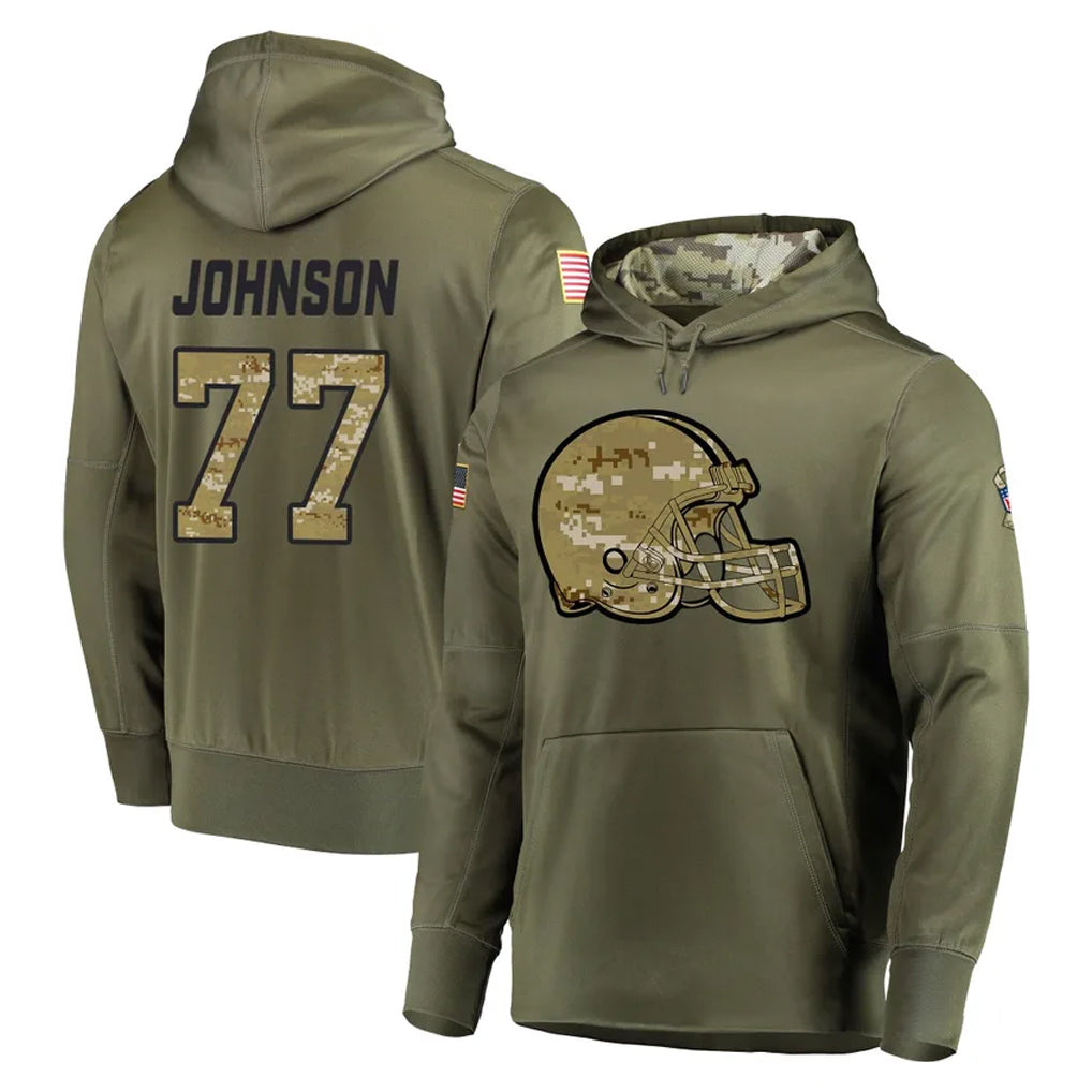 C.Browns #77 Zion Johnson Player Olive Salute to Service Pullover Hoodies Home Game Cooneas Stitched Jerseys