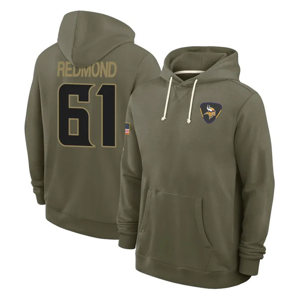 MN.Vikings #61 Jalen Redmond Player Olive Salute to Service Pullover Hoodies Limited Cooneas Stitched Jerseys