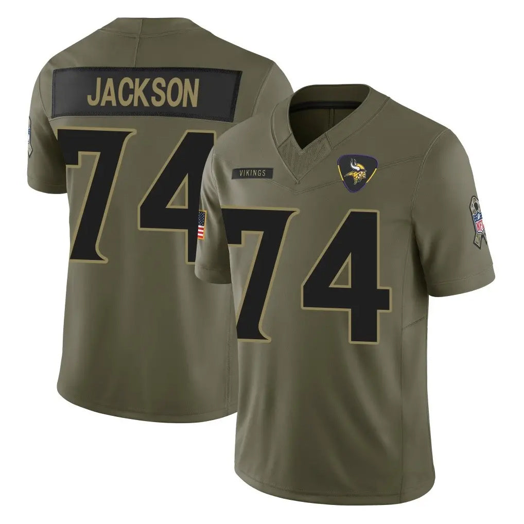 MN.Vikings #74 Donovan Jackson Player Olive 2025 Salute To Service Limited Game Cooneas Stitched Jerseys