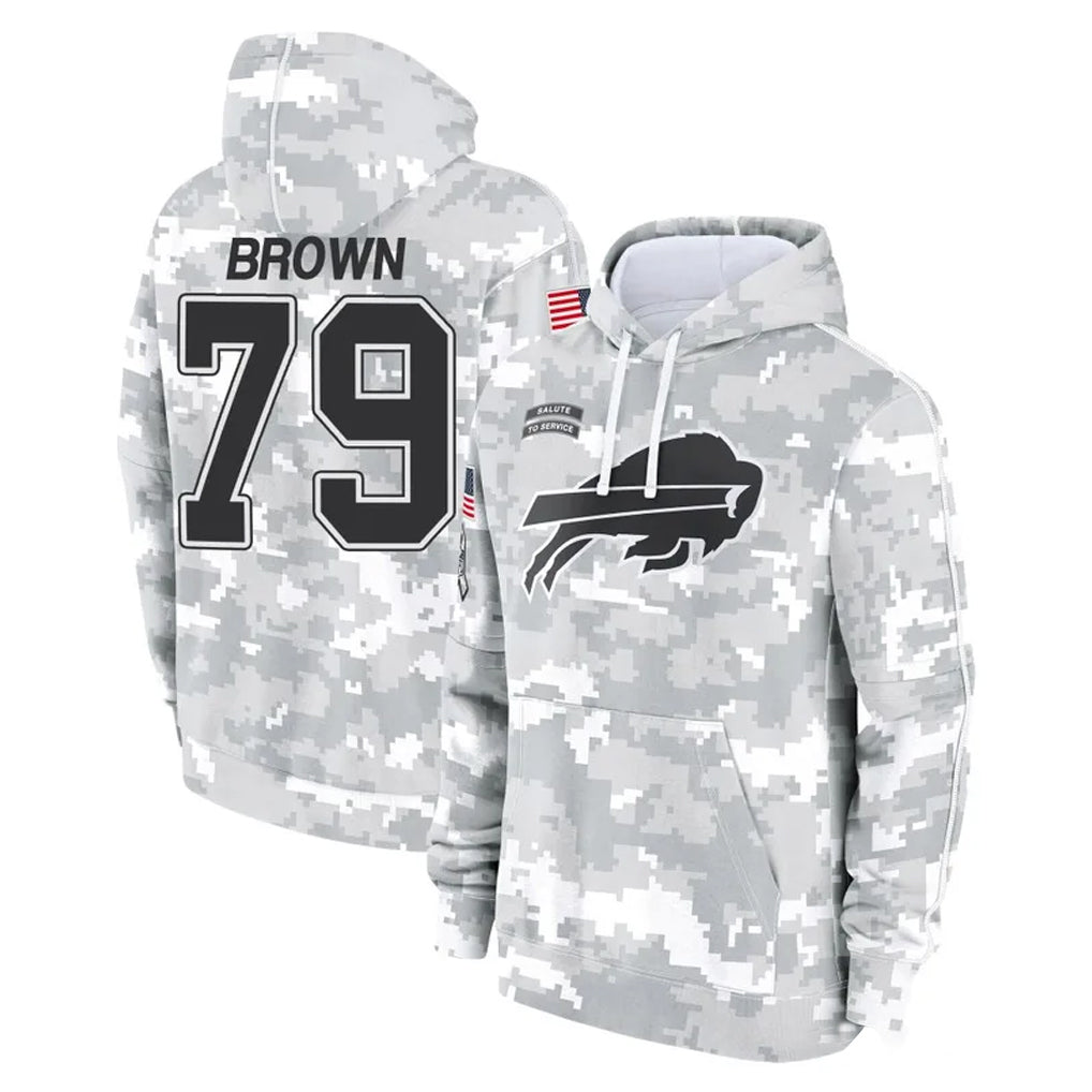 B.Bills #79 Spencer Brown Player Arctic Camo Salute to Service Hoodies Cooneas Stitched Jerseys