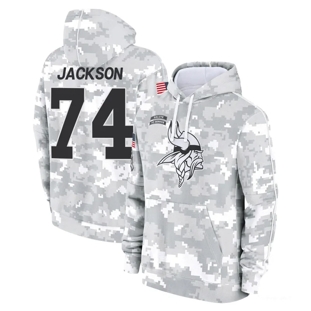 MN.Vikings #74 Donovan Jackson Player Arctic Camo Salute to Service Pullover Hoodies Limited Game Cooneas Stitched Jerseys