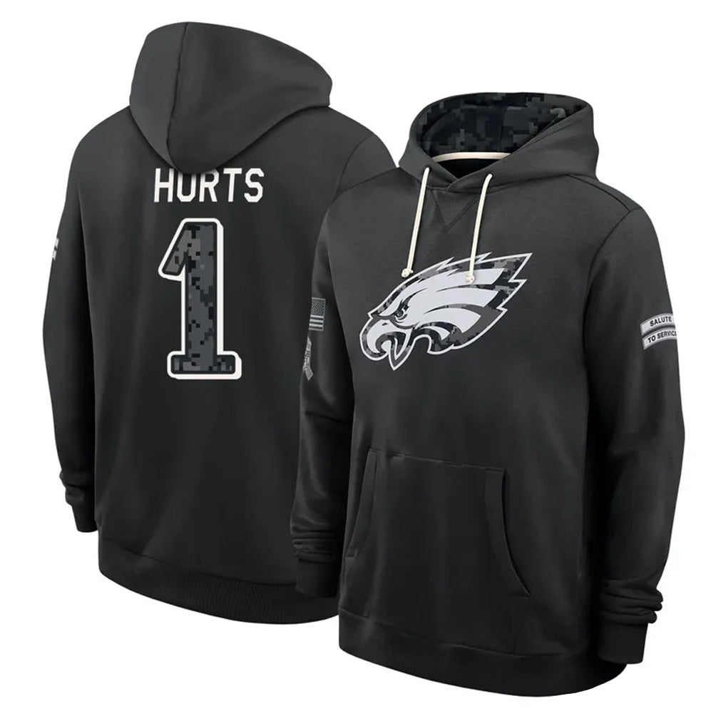P.Eagles #1 Jalen Hurts Player 2026 Black Logo Pullover Hoodies Limited Game Cooneas Stitched Jerseys