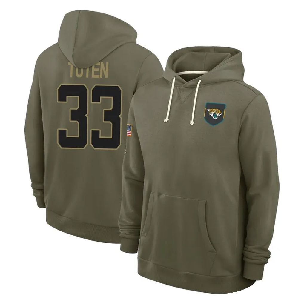 J.Jaguars #33 Bhayshul Tuten Player Olive Salute to Service Pullover Hoodies Limited Cooneas Stitched Jerseys