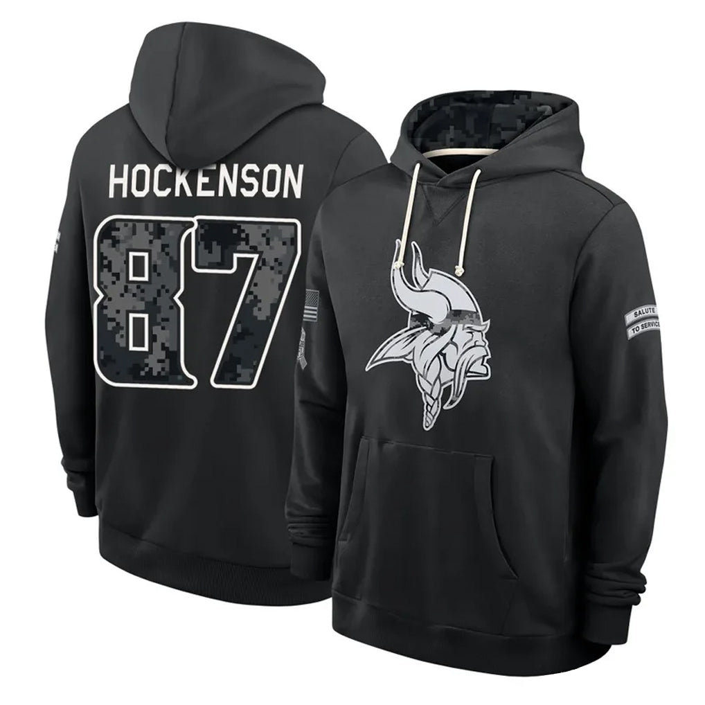 MN.Vikings #87 T.J. Hockenson Player 2026 Black Logo Pullover Hoodies Limited Game Cooneas Stitched Jerseys