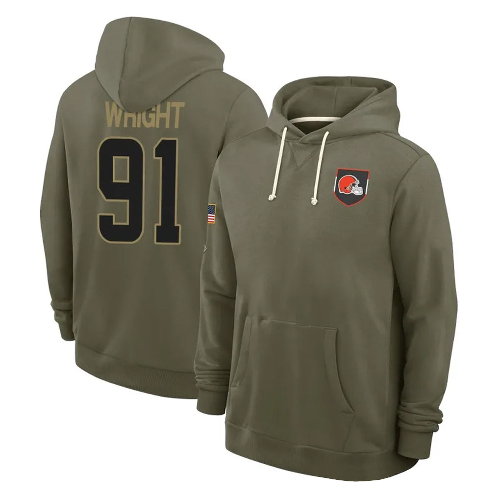 C.Browns #91 Alex Wright Player Olive Salute to Service Pullover Hoodies Limited Cooneas Stitched Jerseys